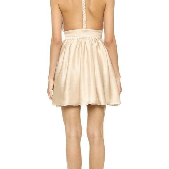 Rae Francis Women's Sz 2 (XS) Taupe Satin Braided Back Reese Mini Dress $198+ - Picture 9 of 9